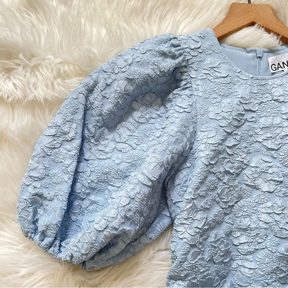 GANNI Sky Blue Jacquard Puff Sleeve Ruched Mini Dress NWT EU 34 US 2 XS - Picture 9 of 16